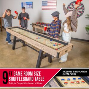 GoSports Premium 9 ft Shuffleboard Table with 8 Pucks, Shuffleboard Wax, and Brush