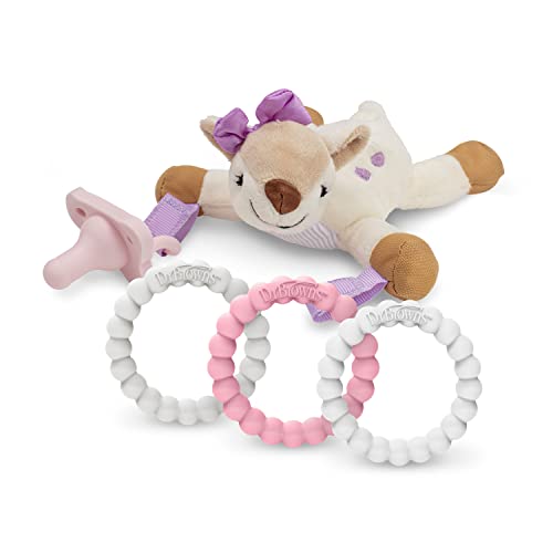 Dr. Brown's Baby Lovey Pacifier Holder & Teether Clip with Pink HappyPaci and Three Flexees Beaded Teether Rings, 100% Silicone