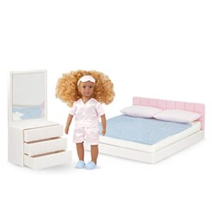 lori dolls – nahla's sweet dreams set – mini doll & toy bedroom furniture – 6-inch doll & dollhouse accessories – bed, pillows, blanket, dresser – play set for kids – 3 years +