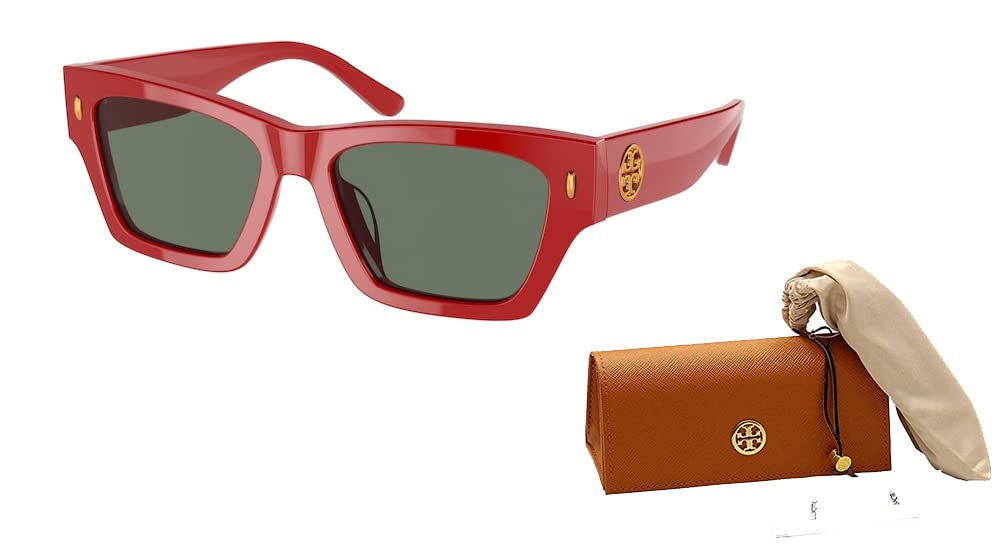 Tory Burch TY7169U 18933H 52MM Tory Red/Solid Dark Green Rectangular Sunglasses for Women + BUNDLE With Designer iWear Eyewear Kit