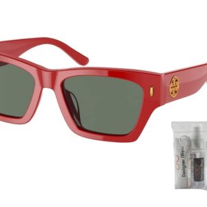 Tory Burch TY7169U 18933H 52MM Tory Red/Solid Dark Green Rectangular Sunglasses for Women + BUNDLE With Designer iWear Eyewear Kit