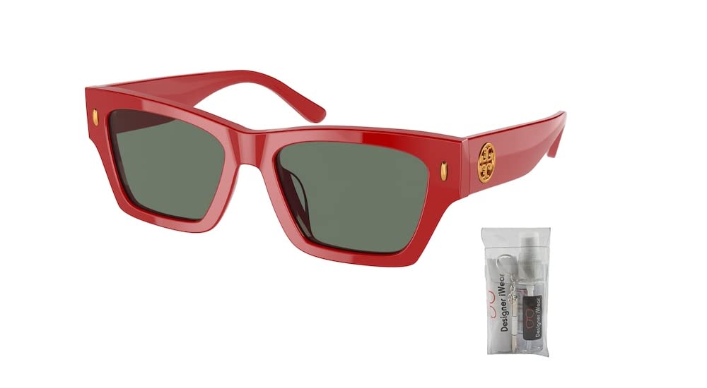 Tory Burch TY7169U 18933H 52MM Tory Red/Solid Dark Green Rectangular Sunglasses for Women + BUNDLE With Designer iWear Eyewear Kit