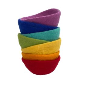 rainbow kids felt sorting bowls - set of 7 stacking colors in pretend play, party, learning and décor - 100% pure new zealand wool hand made in nepal – muslin storage bag included