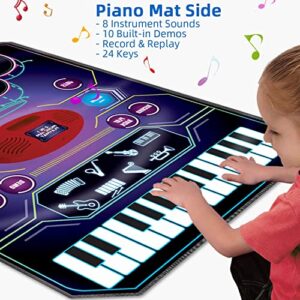 QShark 2 in 1 Kids Music Learning Toys for Boys Girls, Drum Set + Piano Mat | Record & Playback, Built-in Songs, 8 Instrument Sounds, 24 Keys, Christmas Birthday Gifts for Toddler 3 4 5 6 7 8 Years