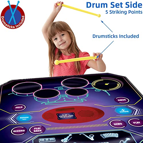 QShark 2 in 1 Kids Music Learning Toys for Boys Girls, Drum Set + Piano Mat | Record & Playback, Built-in Songs, 8 Instrument Sounds, 24 Keys, Christmas Birthday Gifts for Toddler 3 4 5 6 7 8 Years