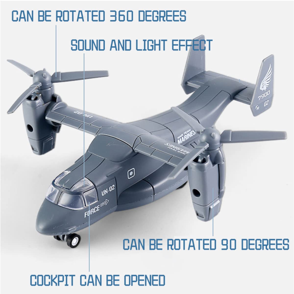 Diecast Metal Military Transport Helicopter V-22 Osprey - 1:400 Scale Alloy Model Plane Transporter Aircraft with Pullback Action, Lights and Sound