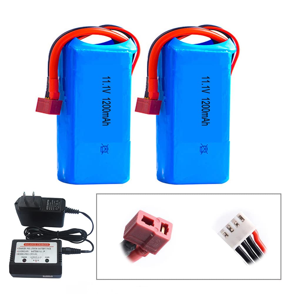 Replacement Parts 11.1V 1200mAh 3S Lipo Battery T-Plug Charger Apply in Brushless Remote Control Boats 35mph 30kmh (2Battery Plus Charger)