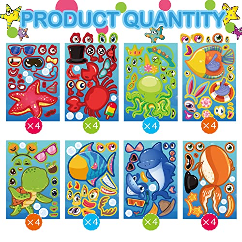 32 Sheets Reusable Make-A-Sea Face Stickers Ocean Animals DIY Art Craft Rewards for School Kid Teacher Summer Mermaid Party Favor Sticker for Birthday Gift Children Room Ocean Decorated