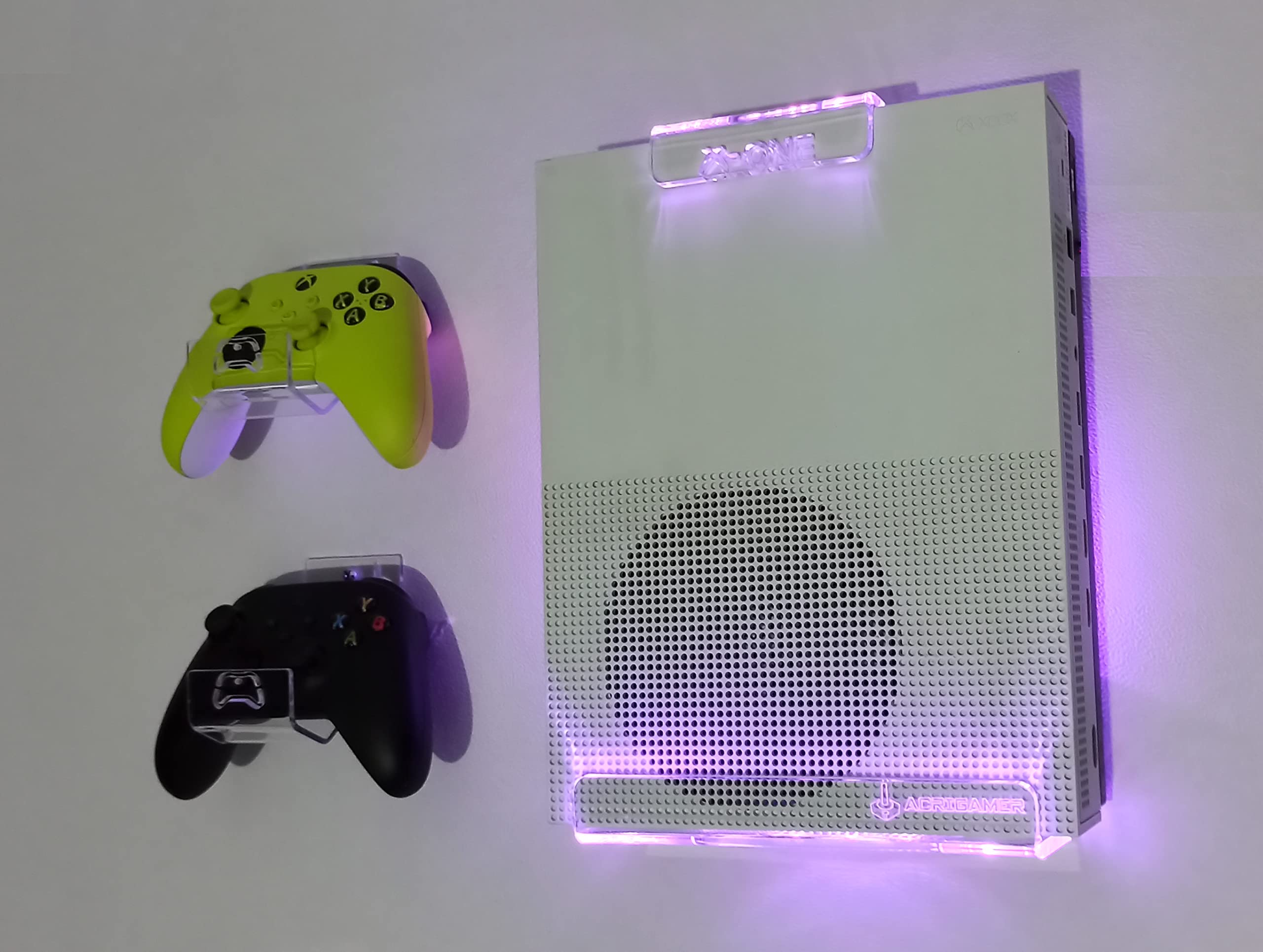 WALL MOUNT FOR XBOX ONE WITH MULTICOLOR LED LIGHTING KIT + 2 CONTROL MOUNT (one S or X)