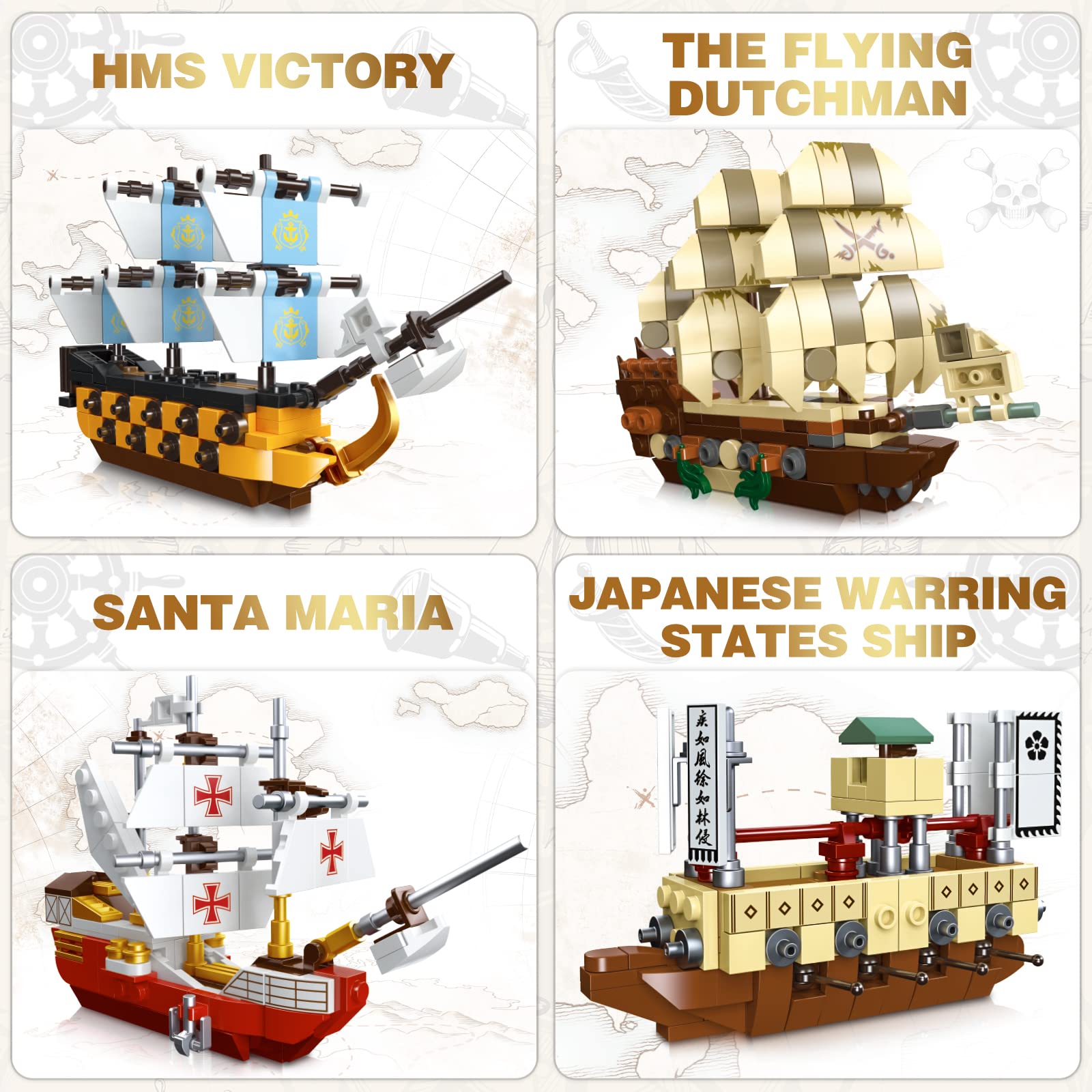 Pirate Ship Building Blocks Toy Set , HMS Victory , The Flying Dutchman , Santa Maria , Warring States Ships , Creative Boat Themed Birthday Gifts for Boys , Girls and Kids Ages 6+ (664 Pieces)