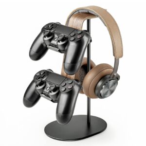 qincoon controller and headset holder, aluminum and wood gaming controller & headphone stand for ps5 ps4 xbox one nintendo switch, universal desk game accessories