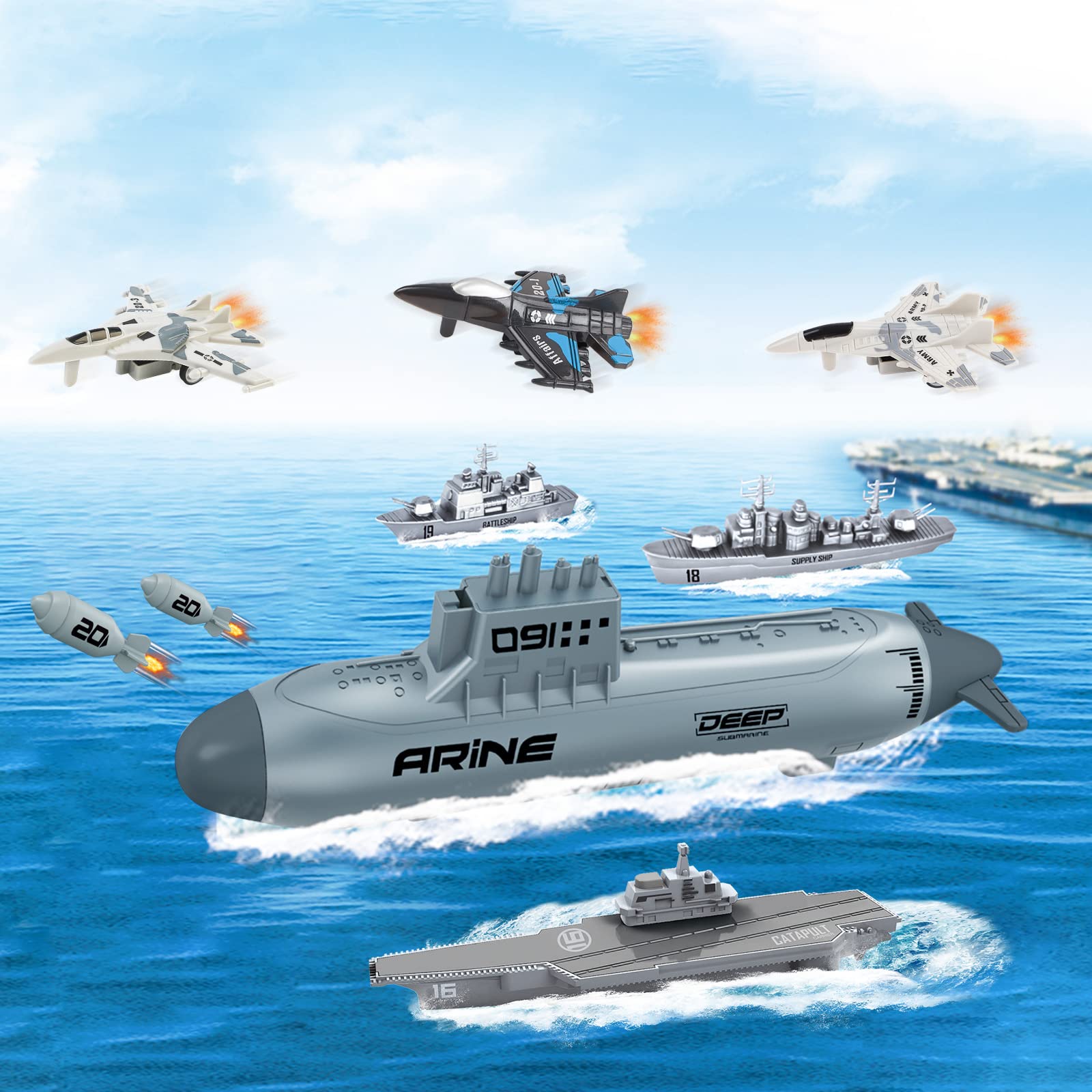 deAO Aircraft Carrier Toy Military Submarine Naval Ship Play Set with Planes Army Toy Battleship for Kids Boys Girls