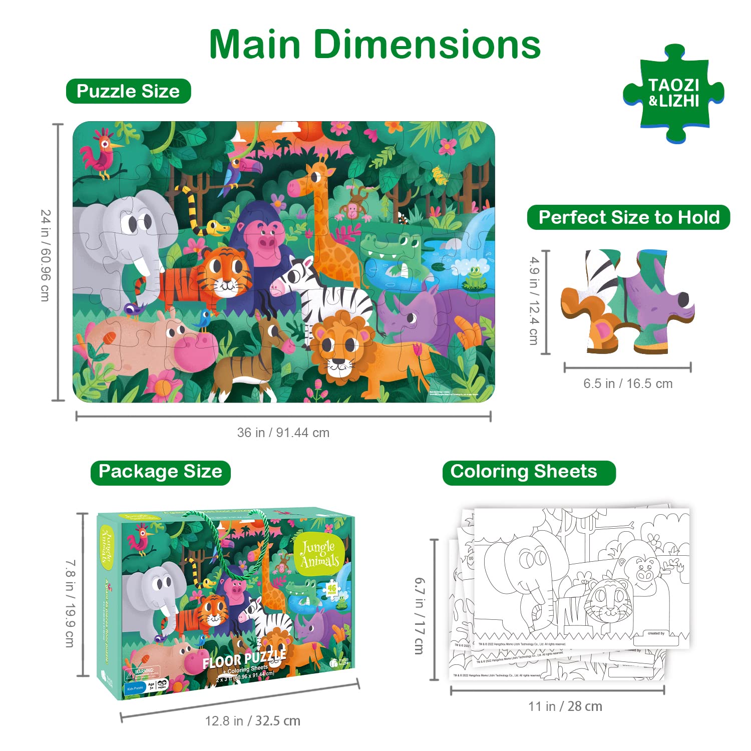 TAOZI&LIZHI Jumbo Jigsaw Puzzles, Jungle Animals, Large Floor Puzzle for Kids Ages 3-5, 4-8, Christmas Toddler Puzzles with Hand-held Gift Box, Preschool Learning & Education Toys(46 pcs, 2 x 3 feet)