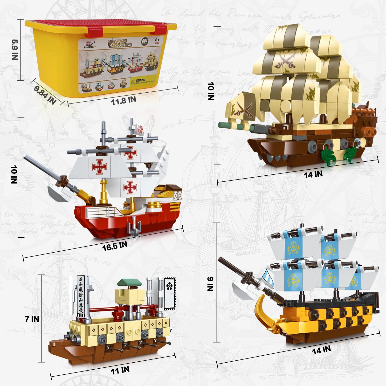 Pirate Ship Building Blocks Toy Set , HMS Victory , The Flying Dutchman , Santa Maria , Warring States Ships , Creative Boat Themed Birthday Gifts for Boys , Girls and Kids Ages 6+ (664 Pieces)