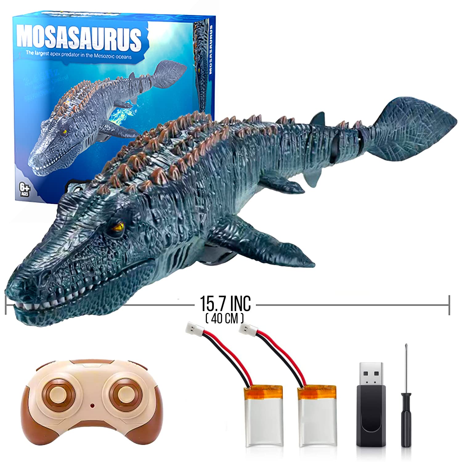 Akargol 2.4G Remote Control Dinosaur Toys for Kids, High Simulation Mosasaurus Toys RC Boat with Light and Spray Water for Swimming Pool Lake Bathroom, Bath Toys (with 2 Batteries)