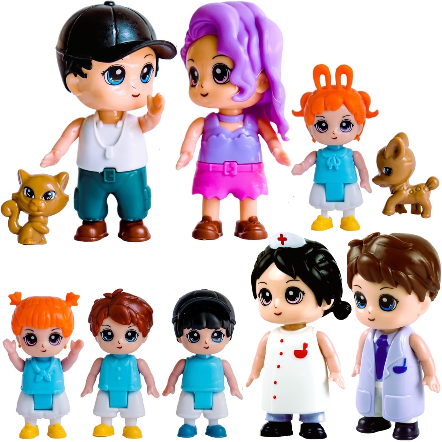 FUNERICA Dollhouse People Figures Playset - Adorable Dollhouse Family Members with Pets, Doctor, and Nurse. Little People Figures Doll House Accessories Toys