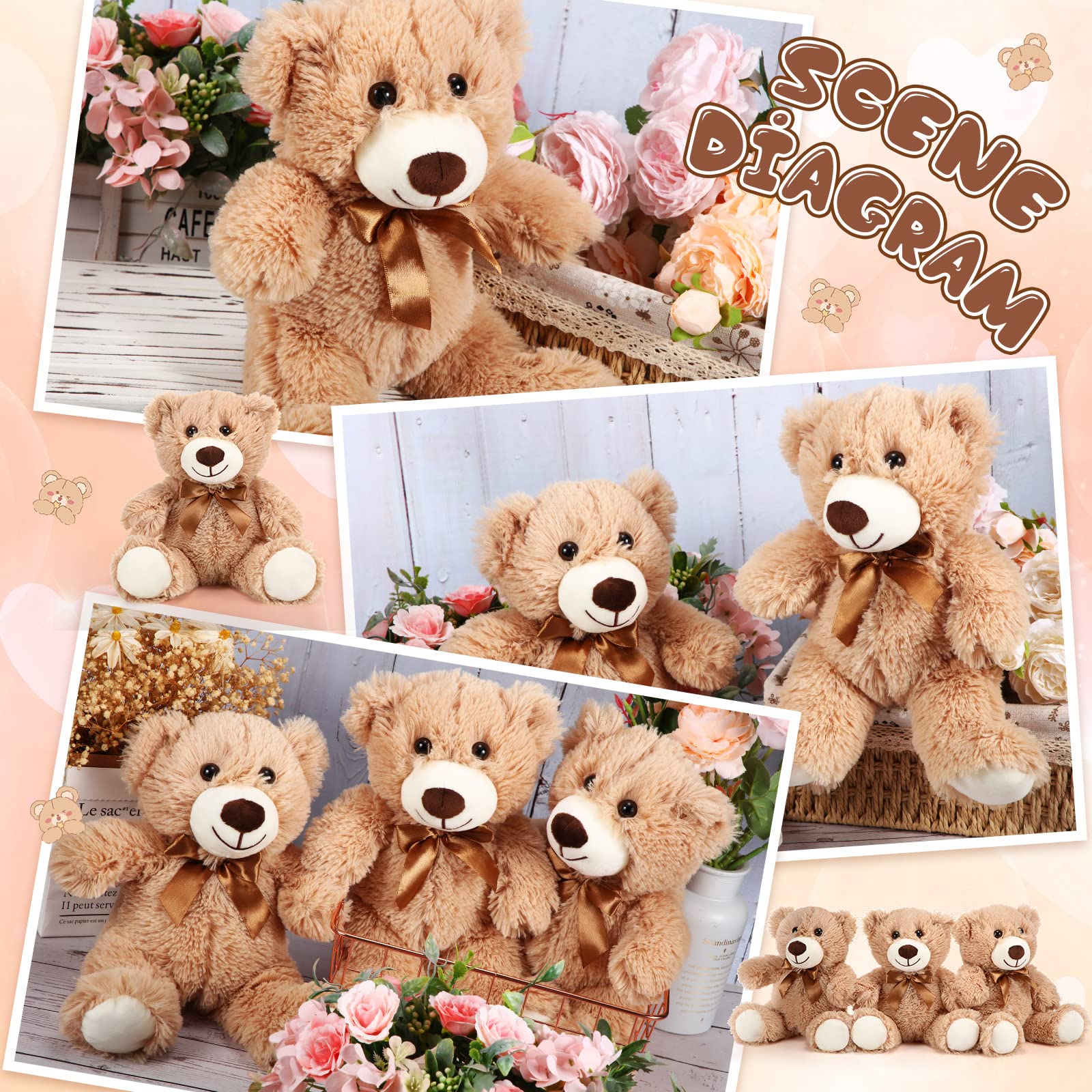 HyDren 6 Pcs Bears Bulk Stuffed Animal Small Bears Baby Shower Bears Plush Toys Employee Appreciation Easter Graduation Gifts(Light Brown, Long Plush)