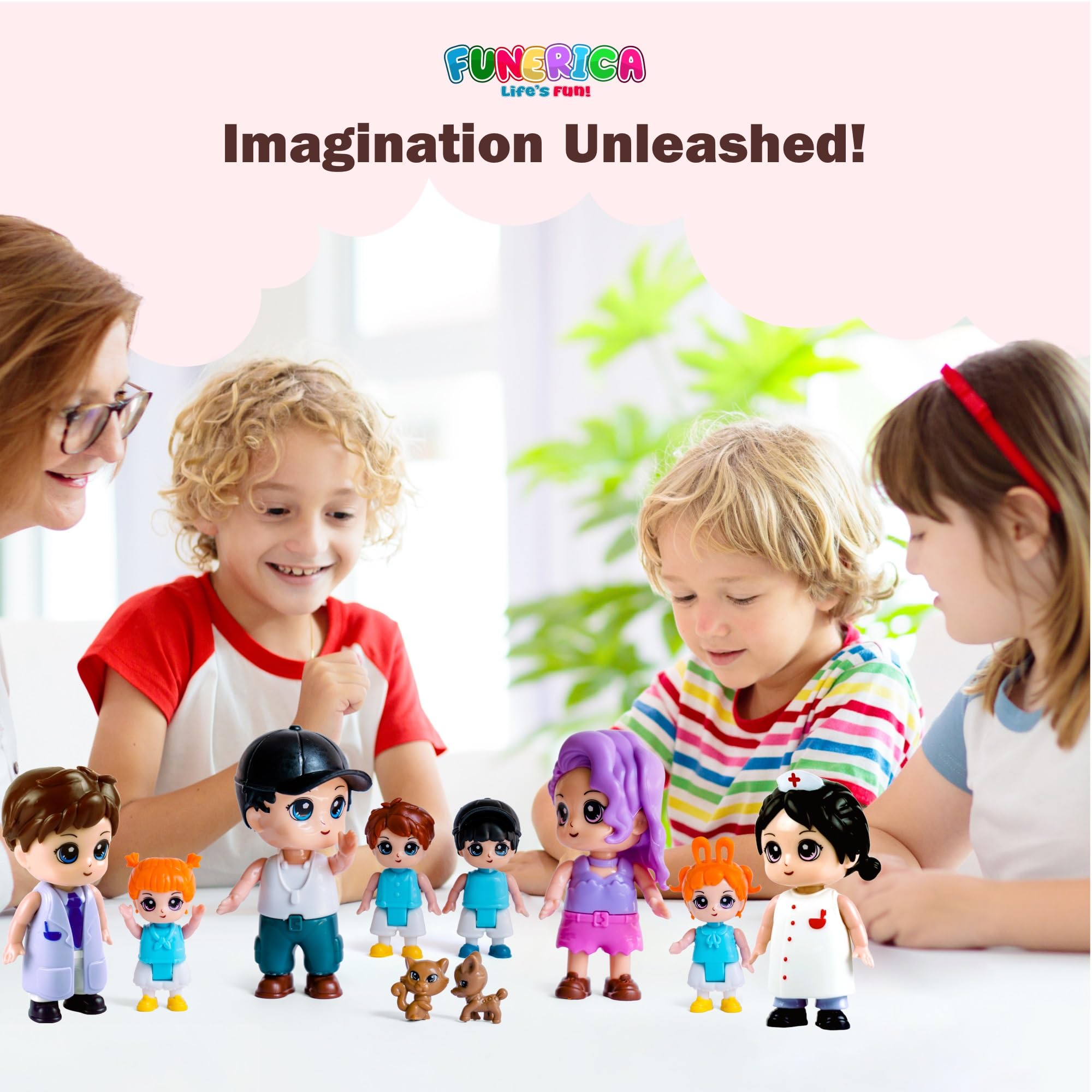 FUNERICA Dollhouse People Figures Playset - Adorable Dollhouse Family Members with Pets, Doctor, and Nurse. Little People Figures Doll House Accessories Toys