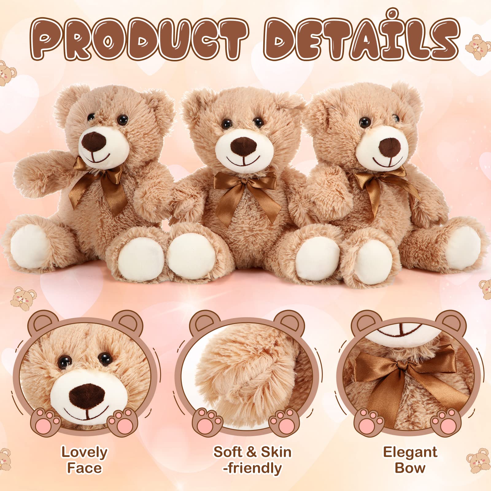 HyDren 6 Pcs Bears Bulk Stuffed Animal Small Bears Baby Shower Bears Plush Toys Employee Appreciation Easter Graduation Gifts(Light Brown, Long Plush)