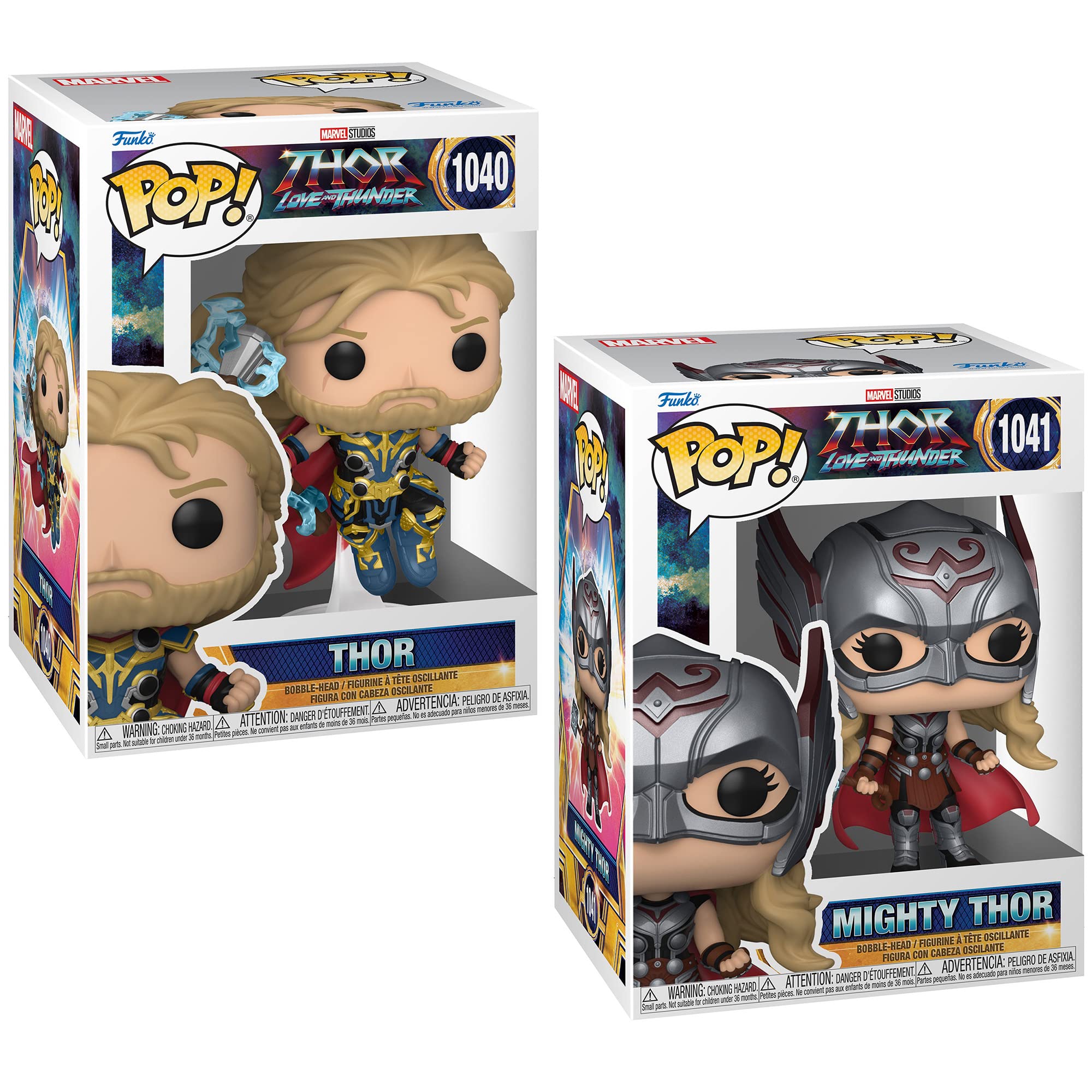 Funko POP Marvel: Marvel Studios' Thor: Love and Thunder- Thor and Mighty Thor, Figures Stand 3.75" Tall, Each Figure Comes Individually Packaged