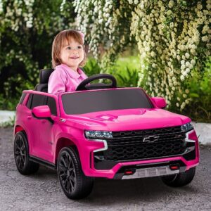 Aosom Chevrolet Tahoe Licensed Kids Ride on Car, 12V Battery Powered Kids Electric Car with Remote Control, 4-Wheeler Suspension, Music, Lights, Horn, for Ages 3-6 Years Old, Pink