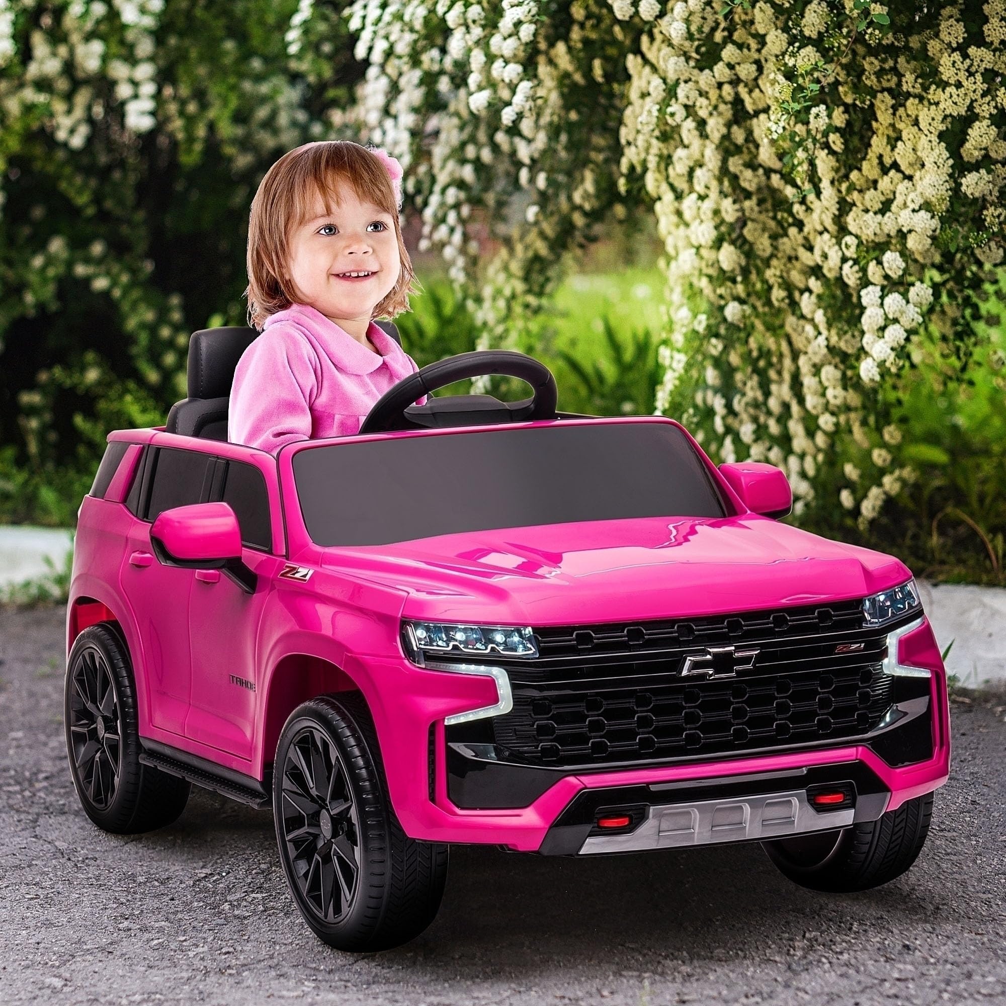 Aosom Chevrolet Tahoe Licensed Kids Ride on Car, 12V Battery Powered Kids Electric Car with Remote Control, 4-Wheeler Suspension, Music, Lights, Horn, for Ages 3-6 Years Old, Pink