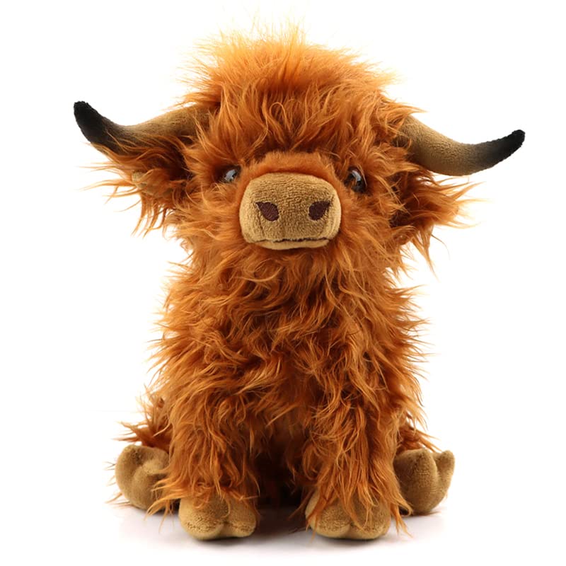 TMEEIHNSS Highland Cow Stuffed Animals Plush Toy Fluffy Bull Animal Doll Soft Gift for Kids Boys Girls, 10 inch Tall