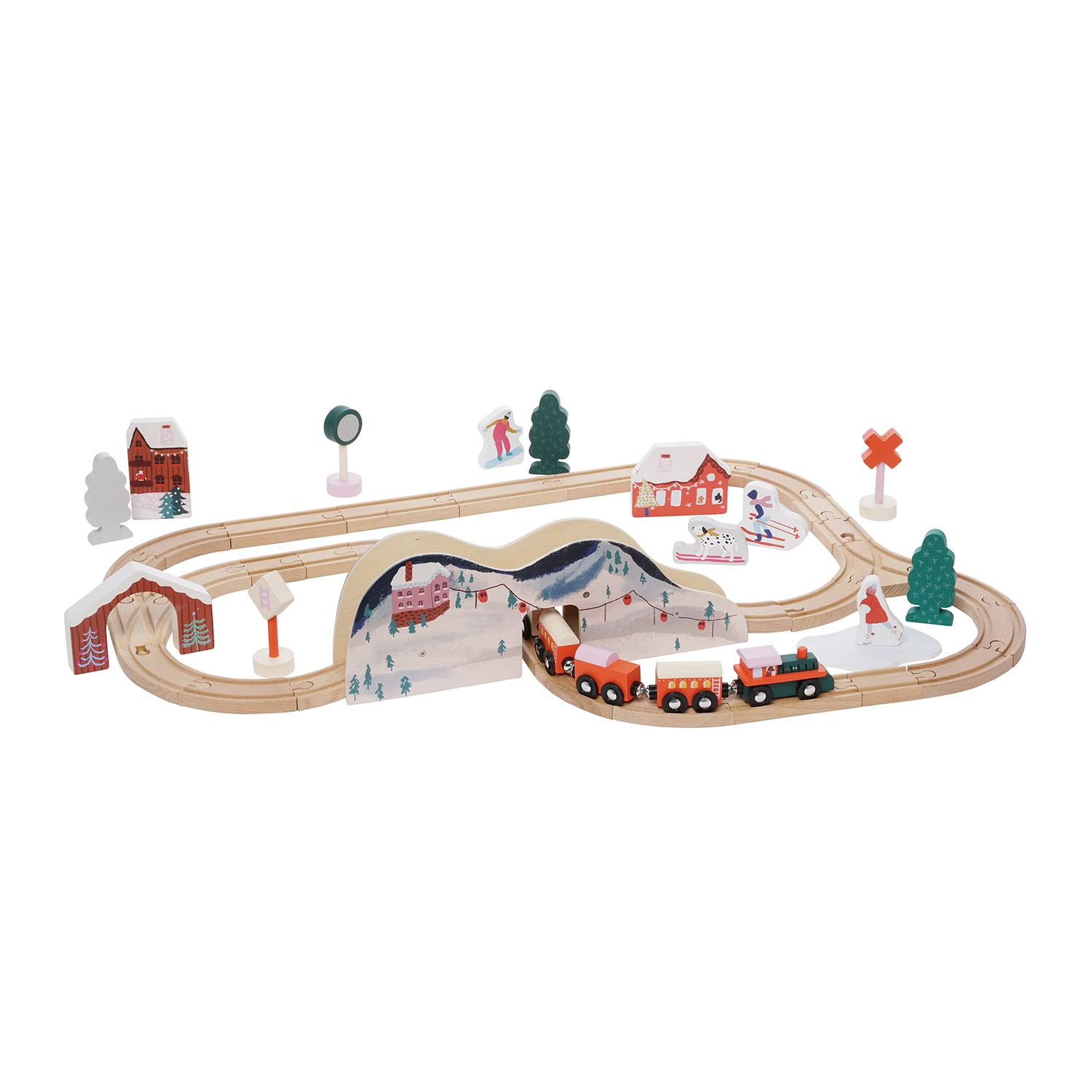 Manhattan Toy Alpine Express 49-Piece Wooden Toy Train Set with Scenic Accessories for Toddlers 3 Years and Up Multicolor