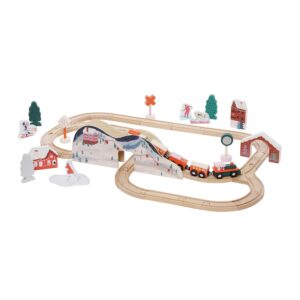 manhattan toy alpine express 49-piece wooden toy train set with scenic accessories for toddlers 3 years and up multicolor