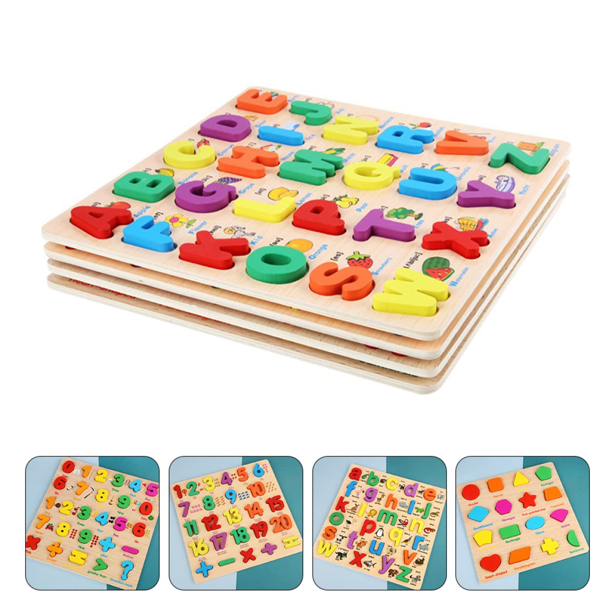 TOYANDONA 4 Sets Puzzle Wooden Jigsaw Puzzle Letter- Match Playthings Preschool Board Games Wooden Jigsaw Toy Preschool Shape Puzzles Wooden Math Puzzles Classification Board Child Number