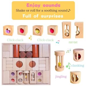 tanoshimu Baby’s First Wooden Sound Blocks，42pcs - Natural Beech Wood - Montessori Building Blocks STEM Preschool Educational Wooden Stacking Toys for 3 4 5 Year Old Boys Girls Gifts