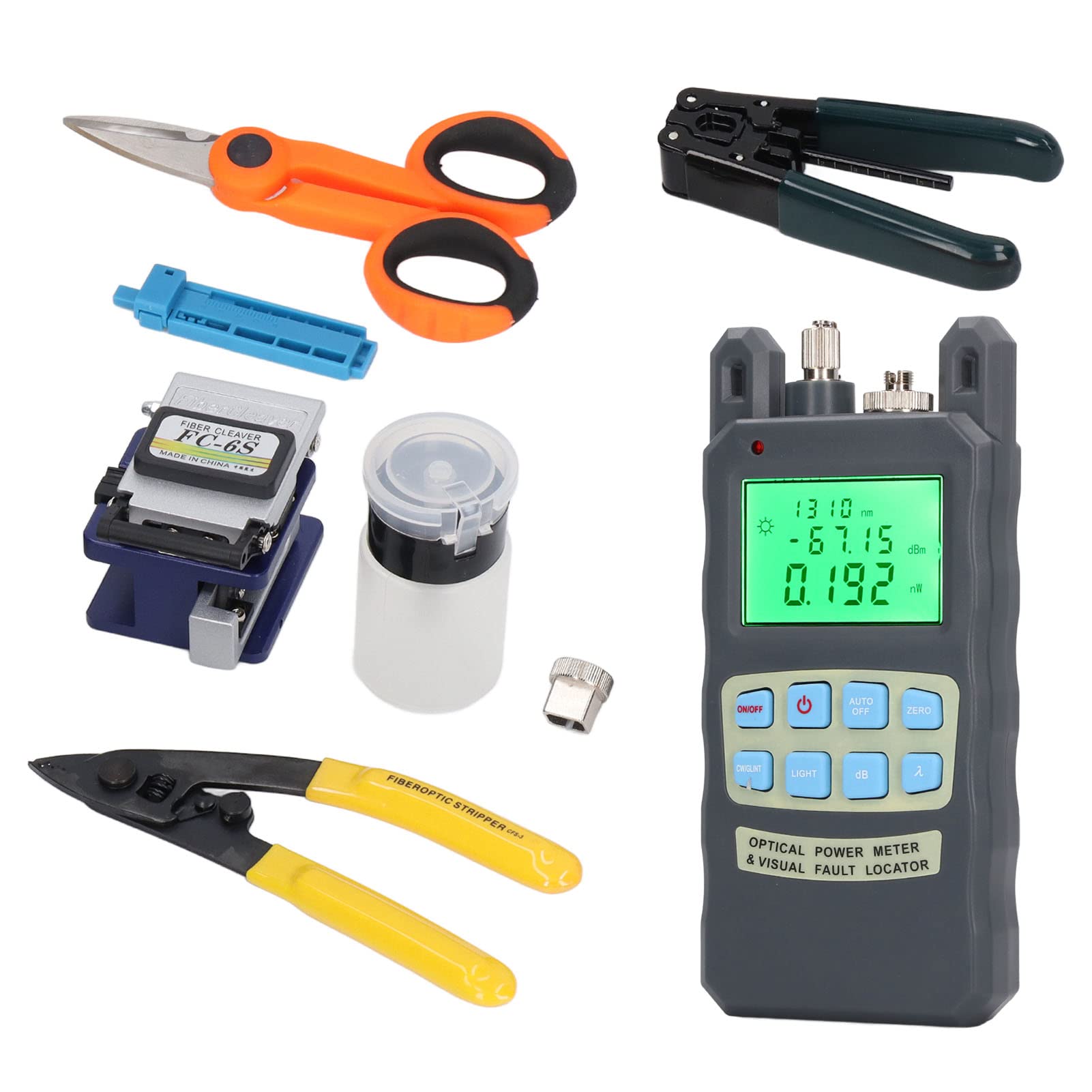 FTTH Fiber Optic Tool Kit, 3 in 1 Fiber Optic Termination Tools Kit with Optical Power Meter Optic Fiber Cleaver Fiber Optic Stripper Three Mouthed Clamp Fiber Length Fixer