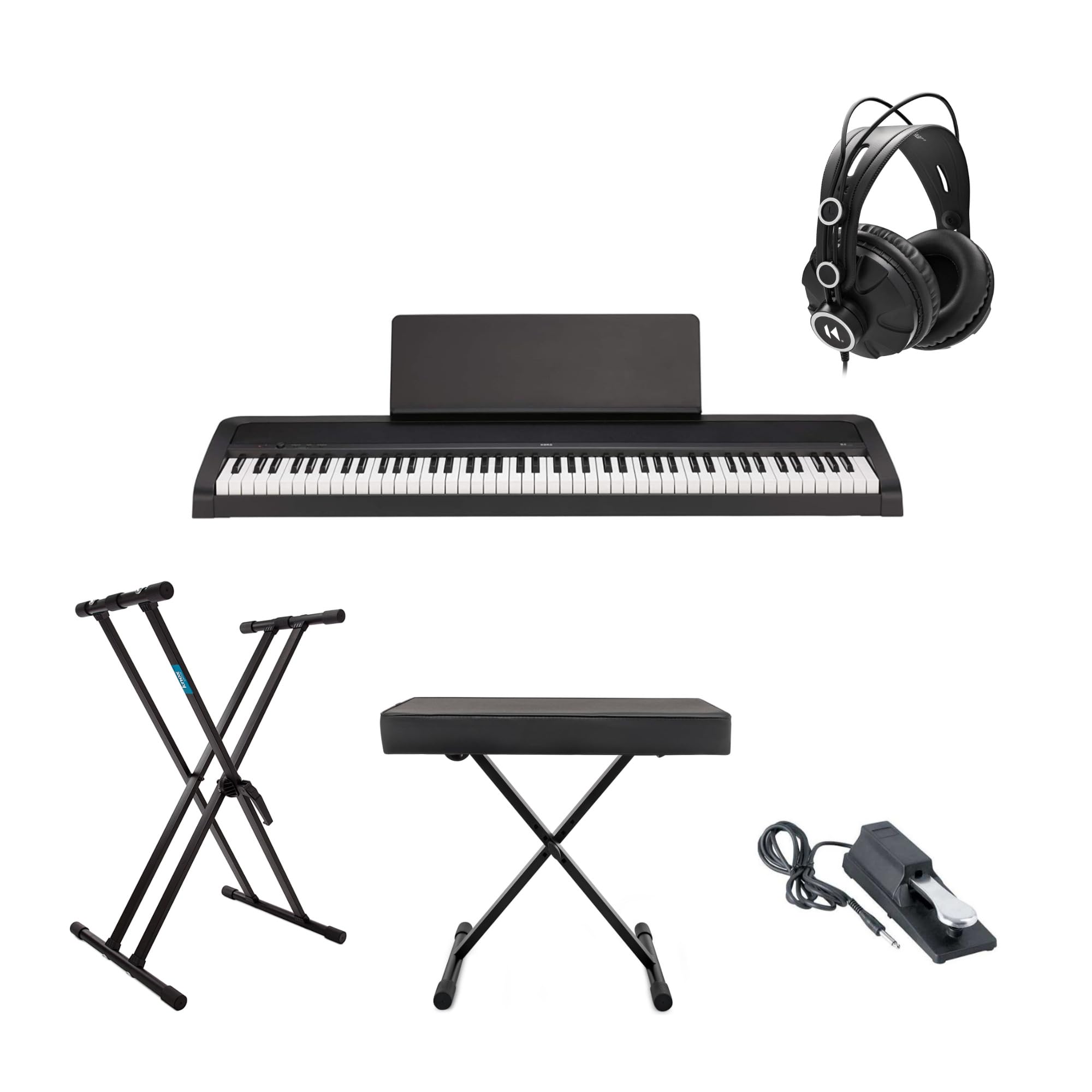 Korg B2 88-Key Electronic Keyboard Digital Pianos-Home (Black) Bundle with Stand, Bench, Sustain Pedal, and Headphones (5 Items)