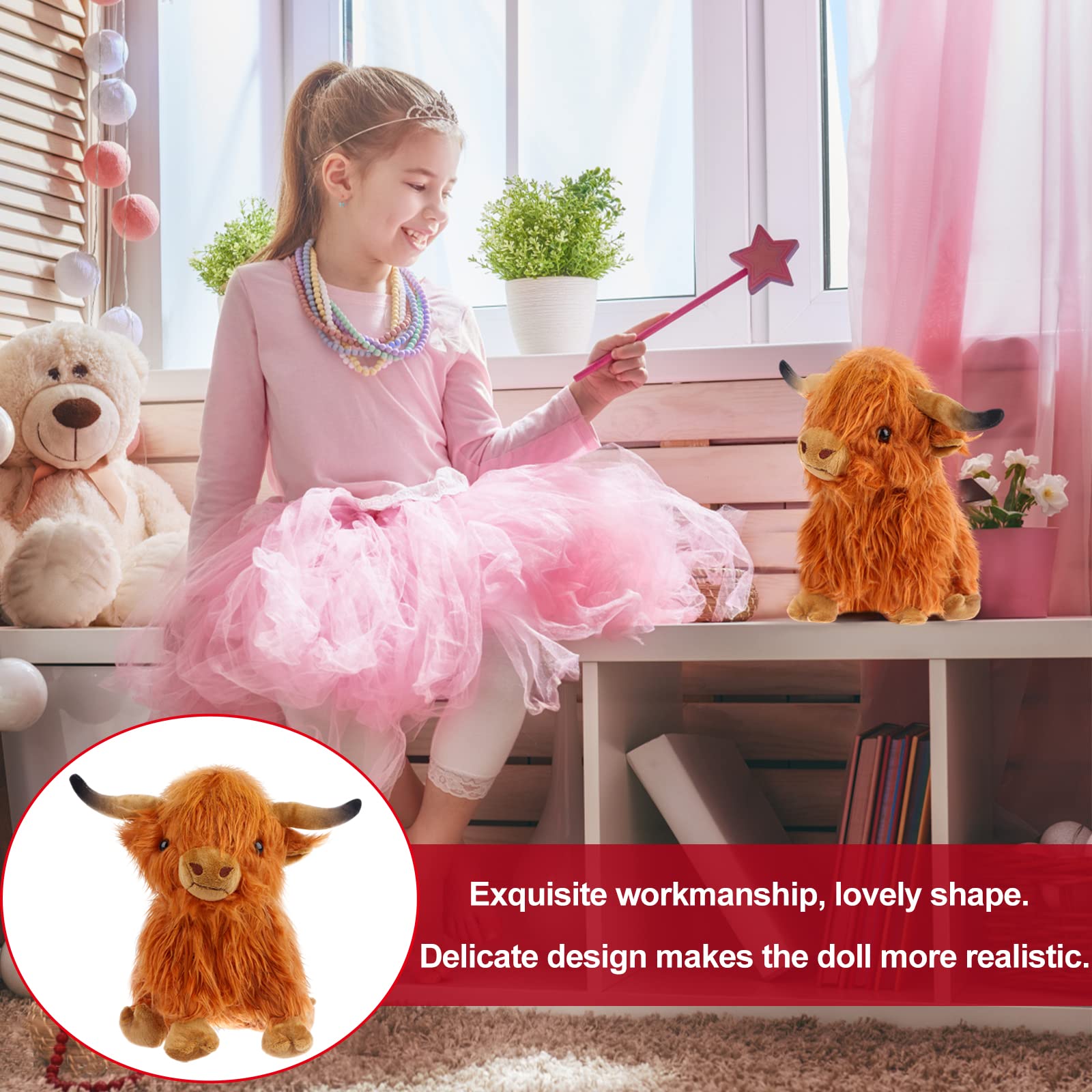 TMEEIHNSS Highland Cow Stuffed Animals Plush Toy Fluffy Bull Animal Doll Soft Gift for Kids Boys Girls, 10 inch Tall