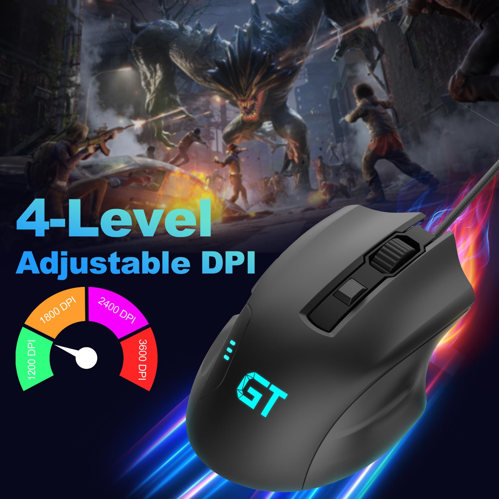 RaceGT Wired RGB Gaming Mouse, Ergonomic Mouse with 7 Backlight RGB Lighting Modes, up to 3600 DPI,6 Buttons for Windows/PC/Mac/Laptop Gamer (Black)