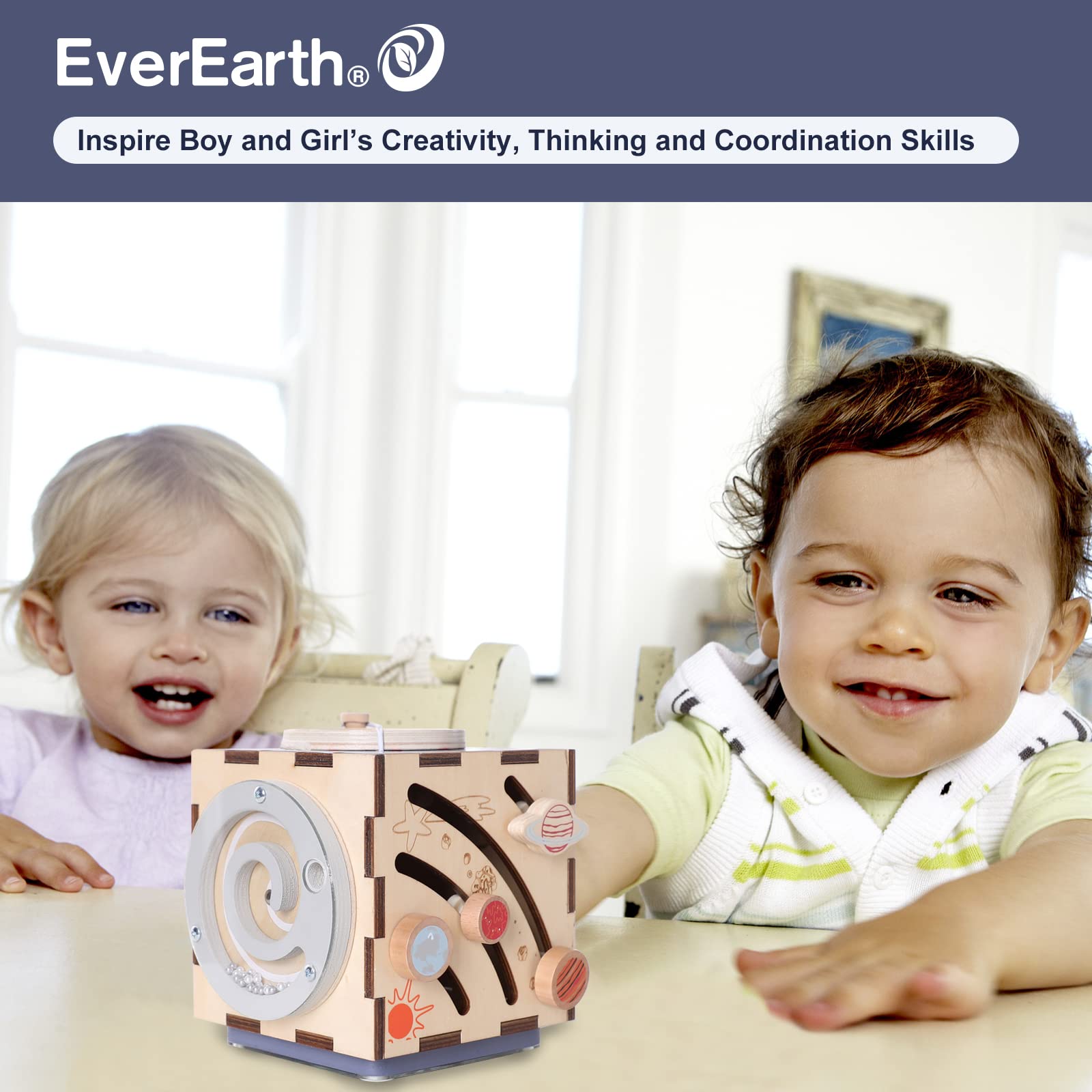 EverEarth Baby Activity Cube Wooden, Space Wooden Activity Cube Toys 6 in 1 Activity Cube for Toddlers 18M+, Multi-Function Educational Learning Montessori Toys for Boys Girls Birthday