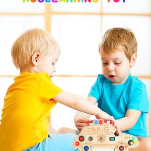 HOOLYUK Busy Board for 3+ Year Old Toddler, Wooden Car Sensory Toy for Autistic Children with LED Light Switches and Toggle Switch, Portable Fidget Toy Great for Travel