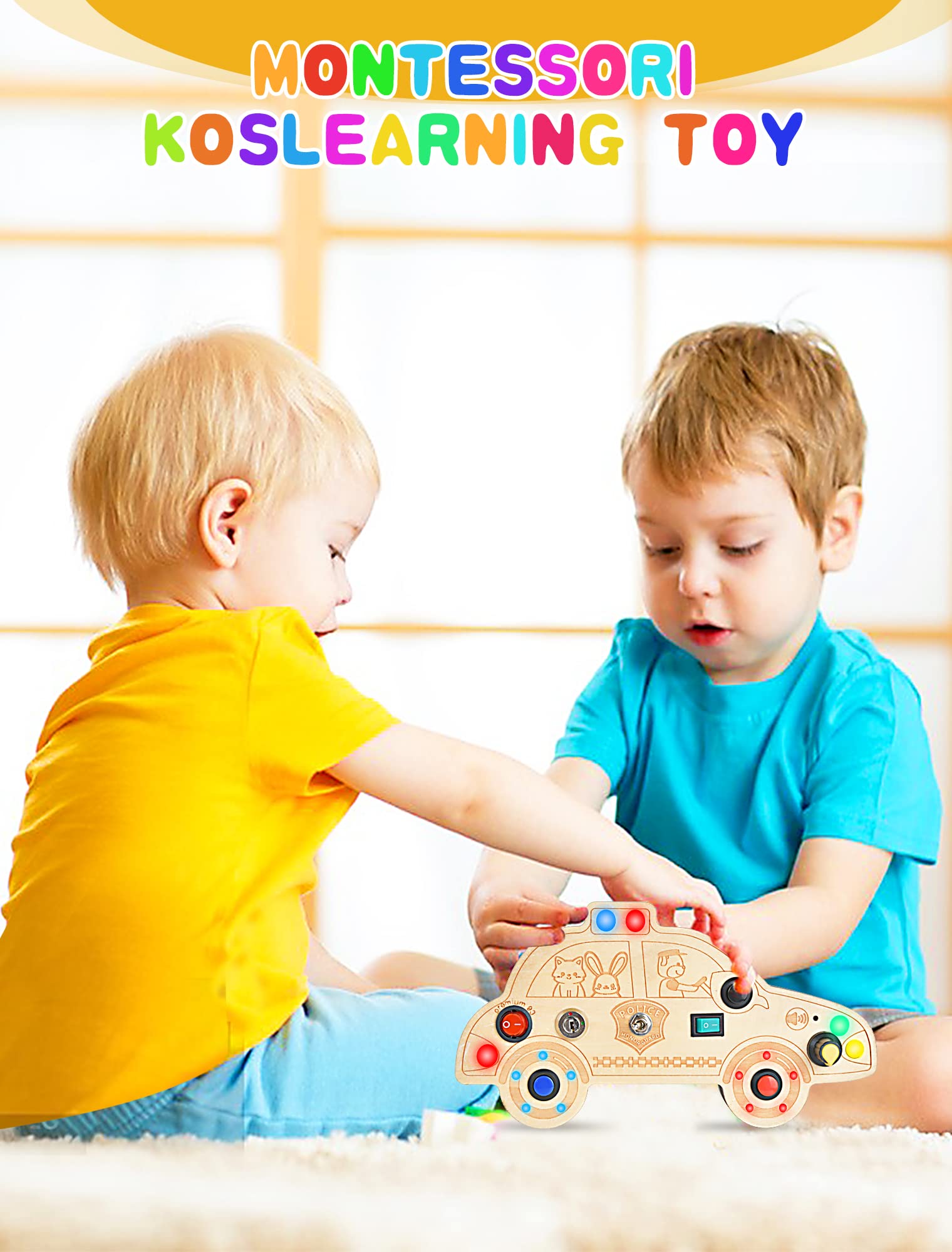 HOOLYUK Busy Board for 3+ Year Old Toddler, Wooden Car Sensory Toy for Autistic Children with LED Light Switches and Toggle Switch, Portable Fidget Toy Great for Travel