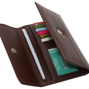 MARSHAL Women's Genuine Leather RFID Trifold Checkbook Slim Wallet for Ladies (Brown)