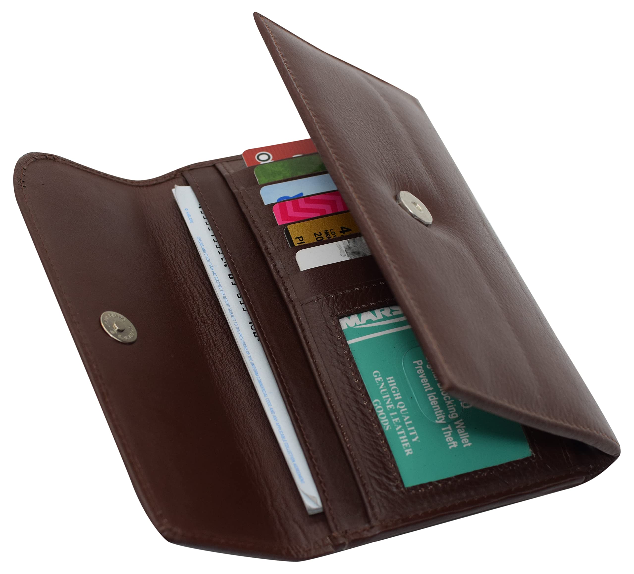 MARSHAL Women's Genuine Leather RFID Trifold Checkbook Slim Wallet for Ladies (Brown)