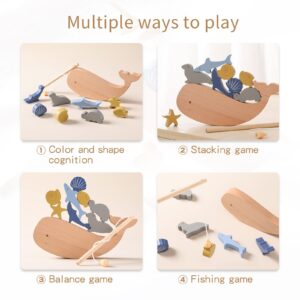 Wooden Stacking Marine Animals Toys for Kids 3-5, Magnetic Fishing Toys, 9 Piece Balance Toy Stacking Toys Gifts for 3 4 5 Year Old Childrens Montessori Toys for Boys & Girls, Fine Motor Skills