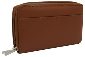 marshal genuine leather womens rfid blocking security double zip-around indexer phone wallet (tan)