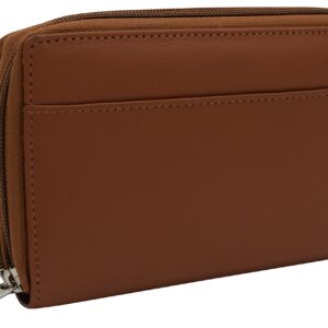 MARSHAL Genuine Leather Womens RFID Blocking Security Double Zip-around Indexer Phone Wallet (Tan)