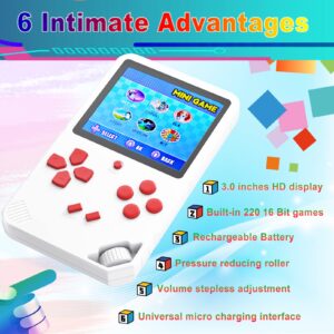 Great Boy Handheld Game Console for Kids Preloaded 220 Classic Retro 16 Bit Games with 3.0'' Color Display Rechargeable Arcade Gaming Player (White)