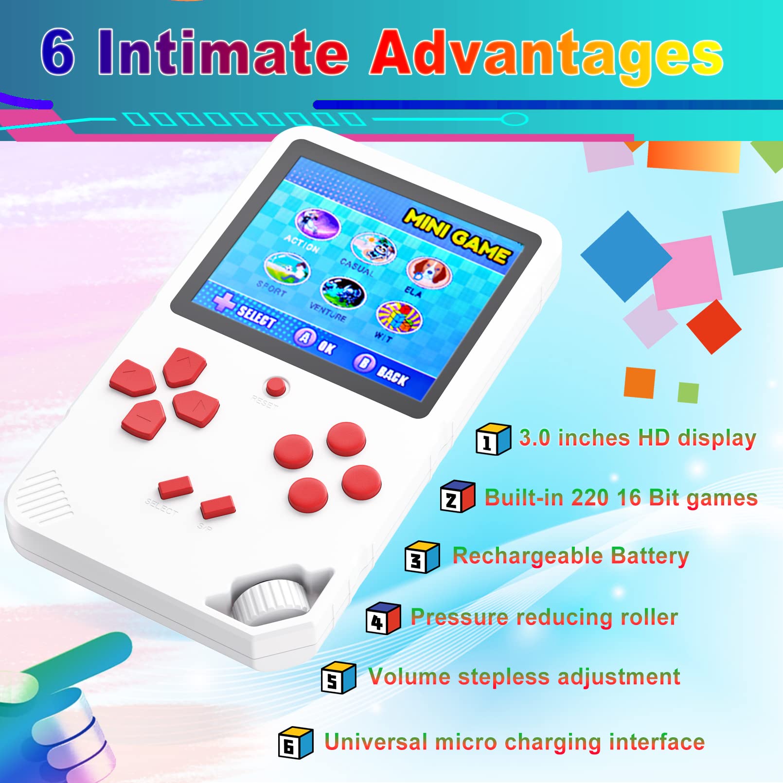 Great Boy Handheld Game Console for Kids Preloaded 220 Classic Retro 16 Bit Games with 3.0'' Color Display Rechargeable Arcade Gaming Player (White)