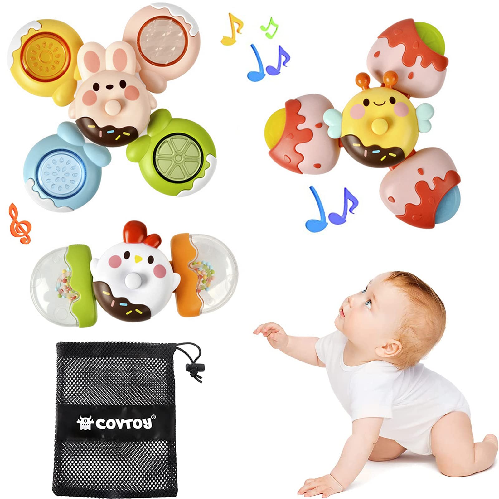 ​COVTOY Suction Cup Spinner Toy for Baby, Spinning Dimple Fidget Toy with Storage Bag, Sensory Toys for Toddlers from 1-3 Years Old Girl Boy Christmas Birthday Gifts