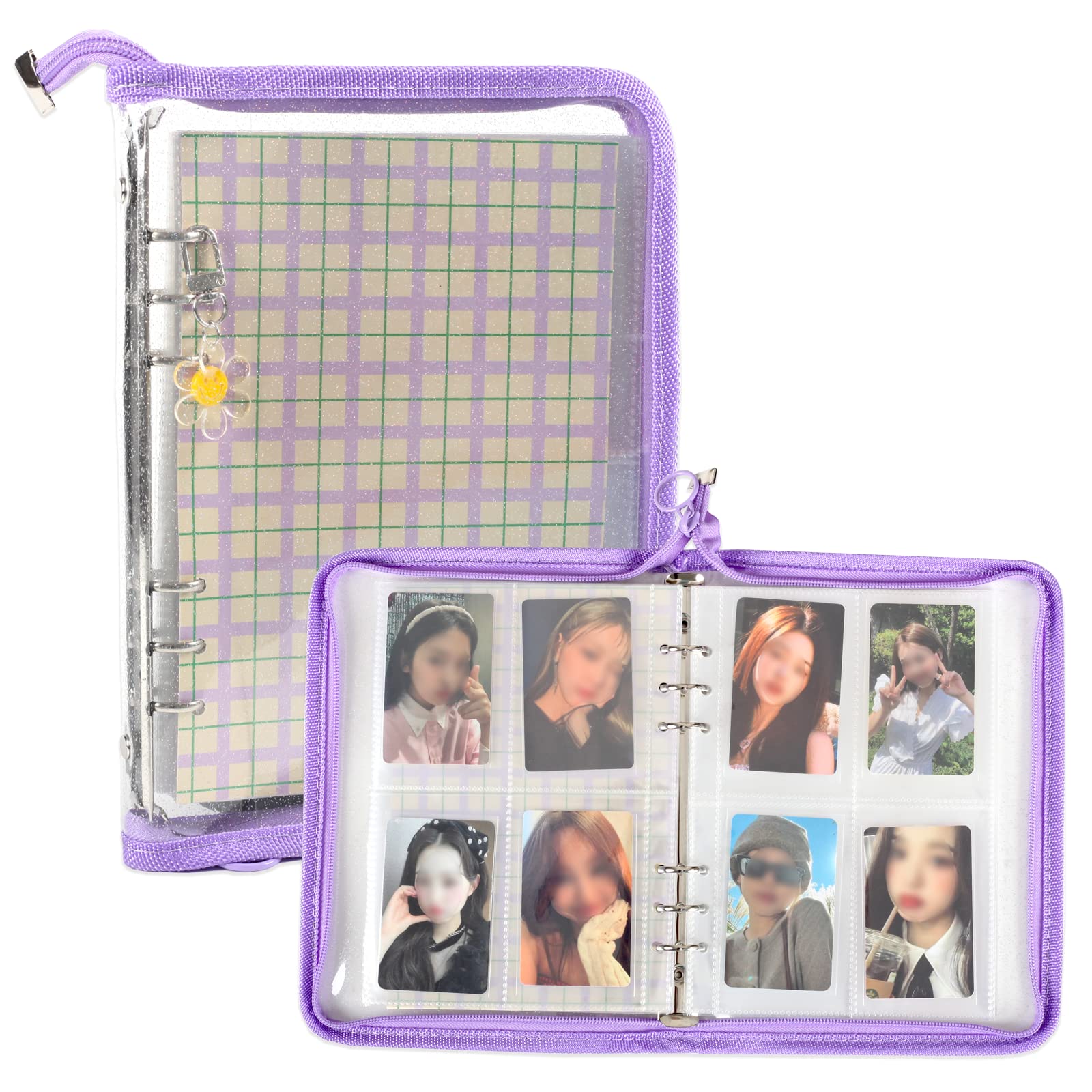 4-Pocket Kpop Photocard Holder Book with 30Pcs Inner Pages 6 Ring A5 Photocard Binder Card Collect Book Hold Up to 240 Cards (Purple)