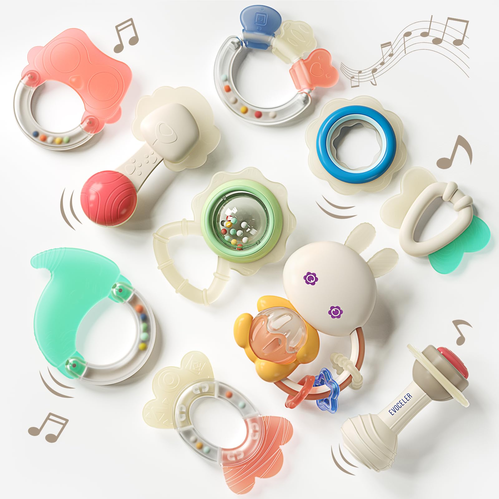 Evoceler Baby Toys 0-3-6-12 Months, 10 Pcs Baby Rattles and Teethers 0-3 0-6 6 to 12 Months, Easy to Grasp Teething Toys, BPA Free Newborn Toys, Baby Boy Girl Gifts, Baby Shower Gifts with Storage Box