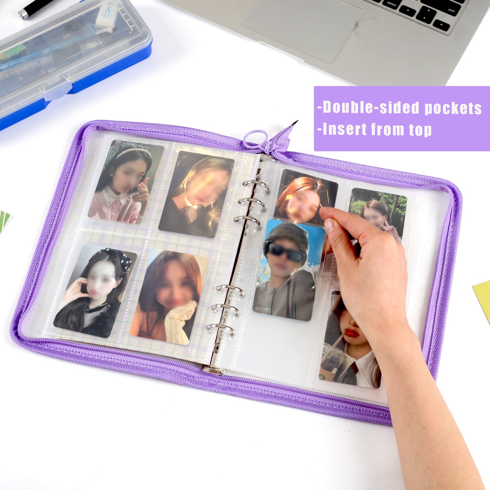 4-Pocket Kpop Photocard Holder Book with 30Pcs Inner Pages 6 Ring A5 Photocard Binder Card Collect Book Hold Up to 240 Cards (Purple)