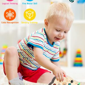 HOOLYUK Busy Board for 3+ Year Old Toddler, Wooden Car Sensory Toy for Autistic Children with LED Light Switches and Toggle Switch, Portable Fidget Toy Great for Travel